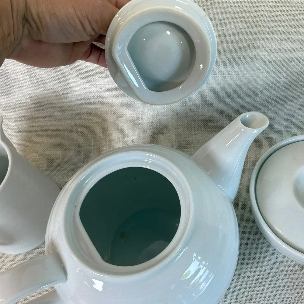 Crate & Barrel Spal White Ribbed Porcelain Tea Set Teapot Creamer Sugar Portugal